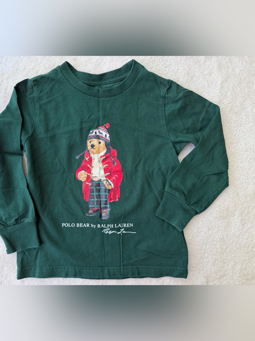 Polo Ralph Lauren Forest Green Long-Sleeve Polo Bear Tee with Red Accent